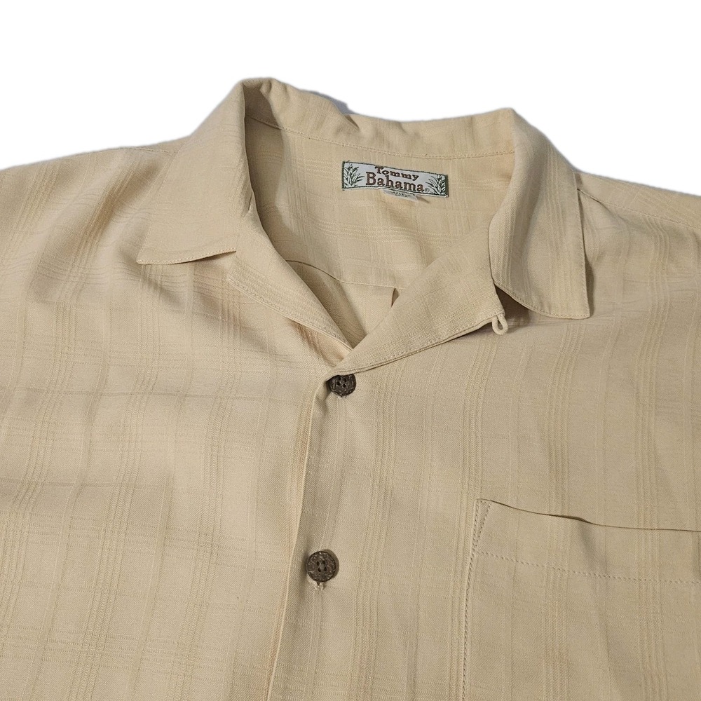 Tommy Bahama Shirt Silk L Mens Embroidered Yellow Pique Knit‎ Button  Camp
